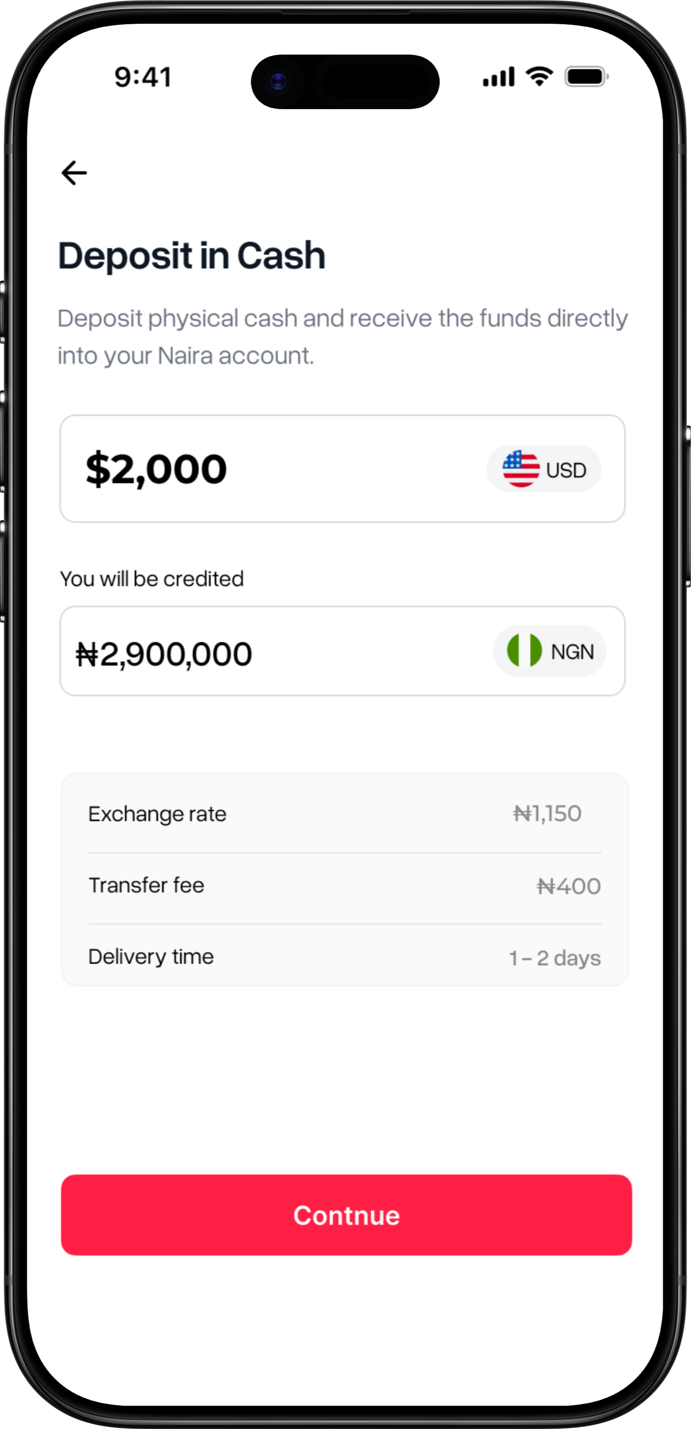 Cash deposit screen in the Wirepoint app