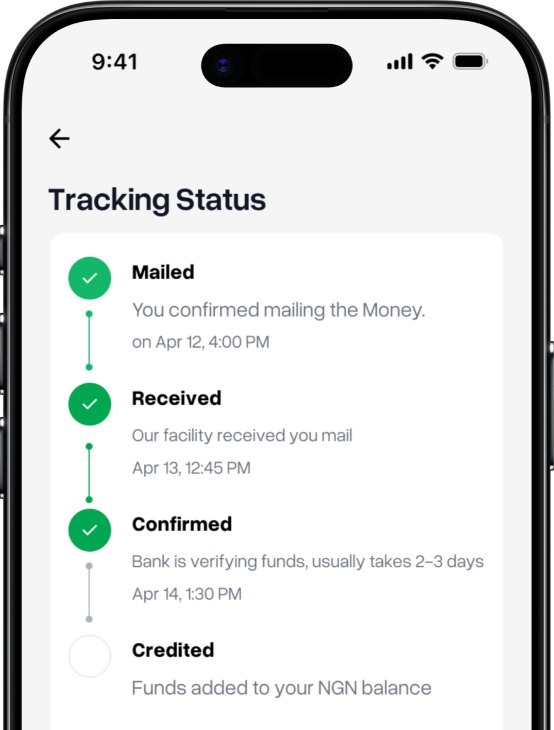 Transaction tracking status screen in the Wirepoint app
